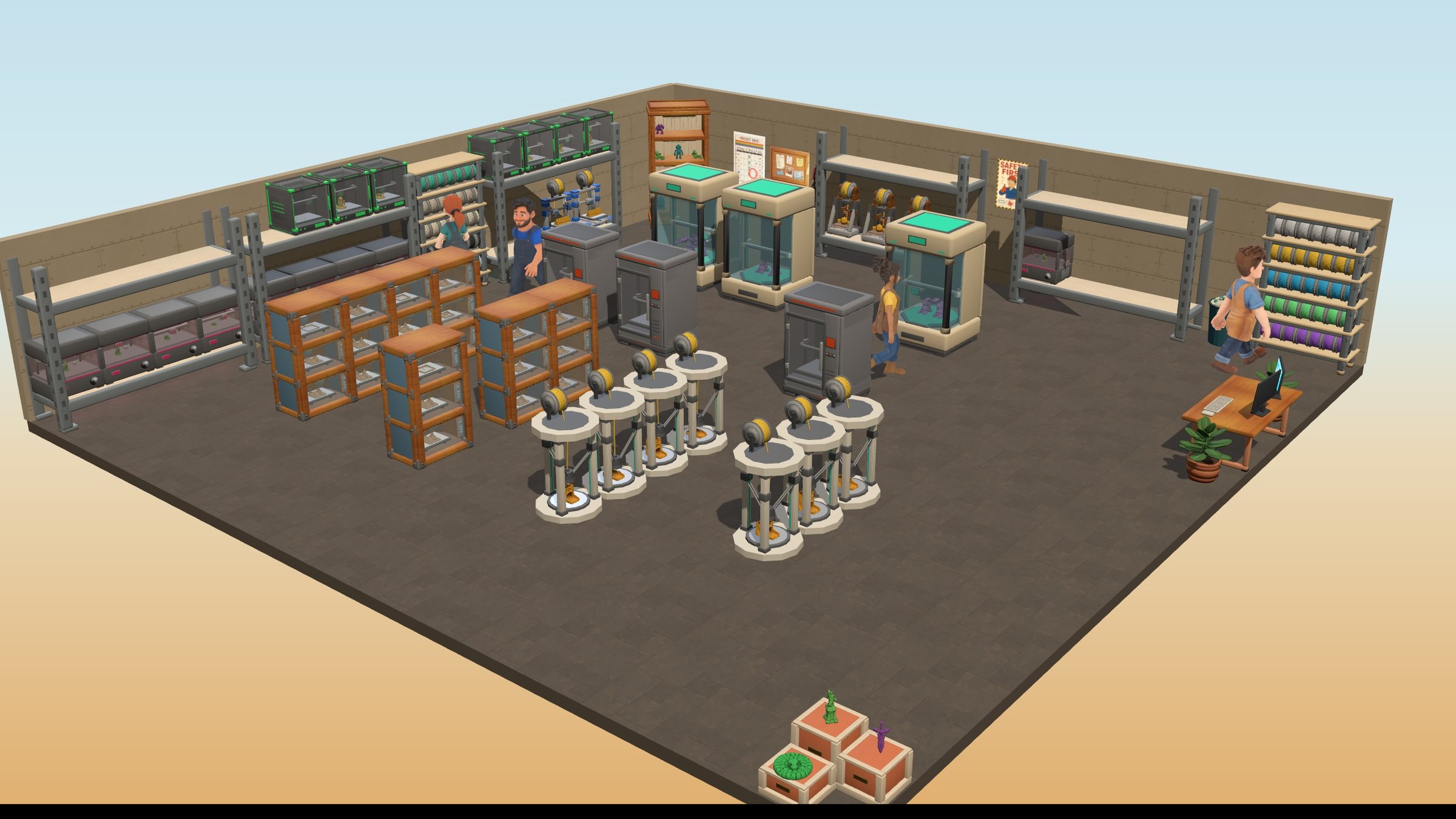 A busy 3D print factory floor in-game: eight kinds of printers running while the crew carries filament spools